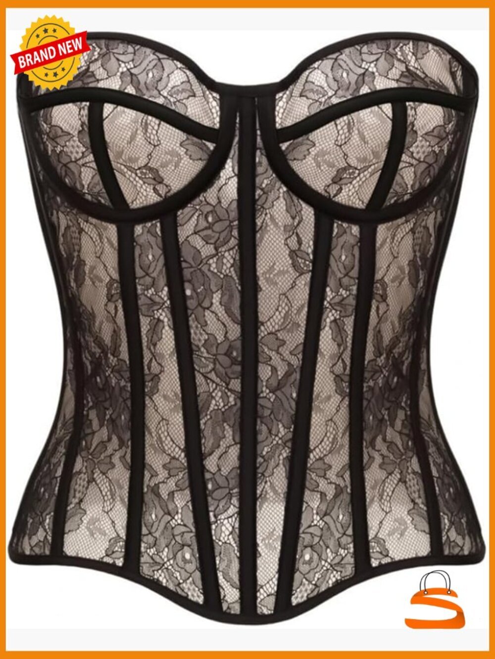 Overbust Corset with 15 Steel Bones Lace Up Mesh Satin Shapewear